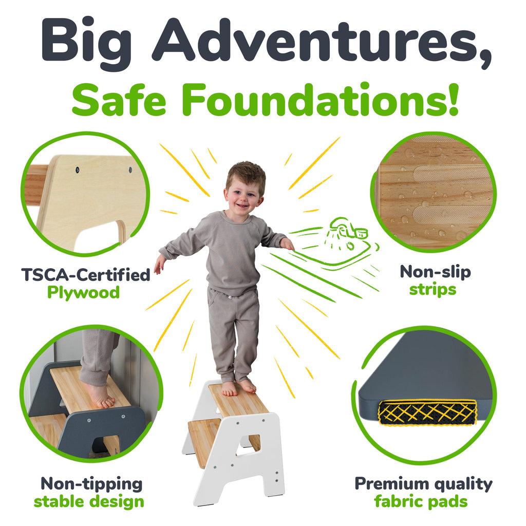 2-Step Wooden Stool for Toddlers(Step Stool for Children Ages 2+)