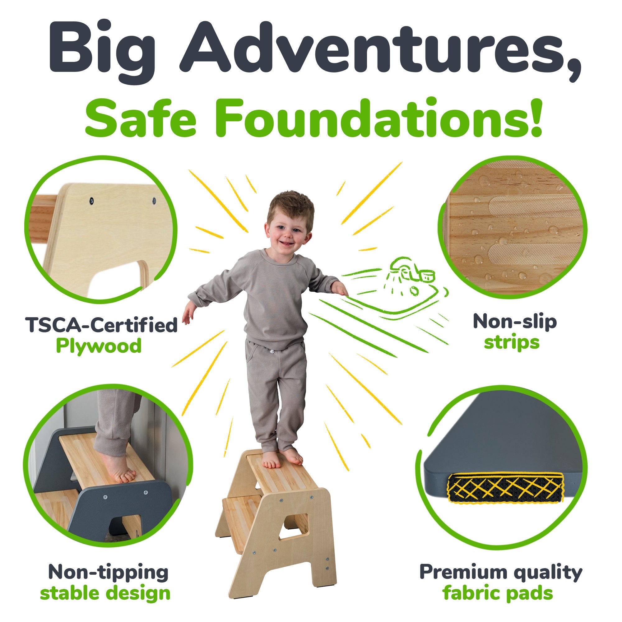 2-Step Wooden Stool for Toddlers(Step Stool for Children Ages 2+)